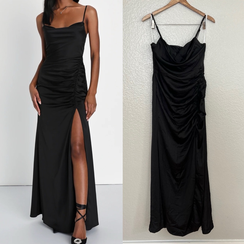 NWOT Moonlit Sensation Black Satin Ruched Cutout Maxi Dress